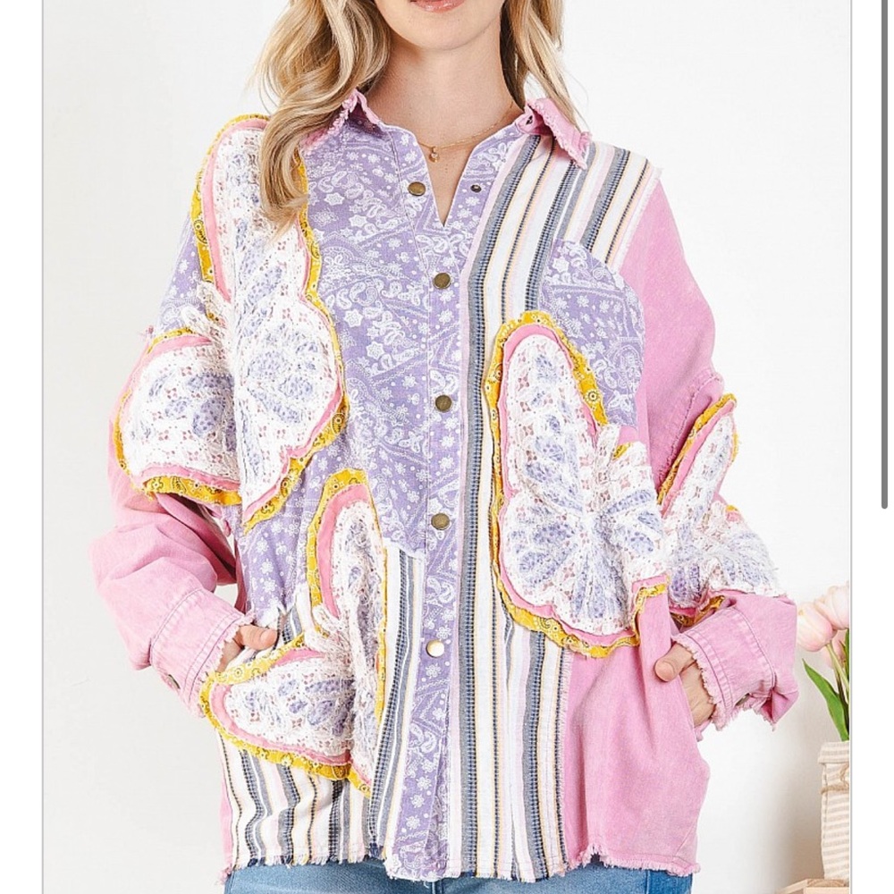 WASHED MULTI FABRIC BUTTERFLY PATCH JACKET